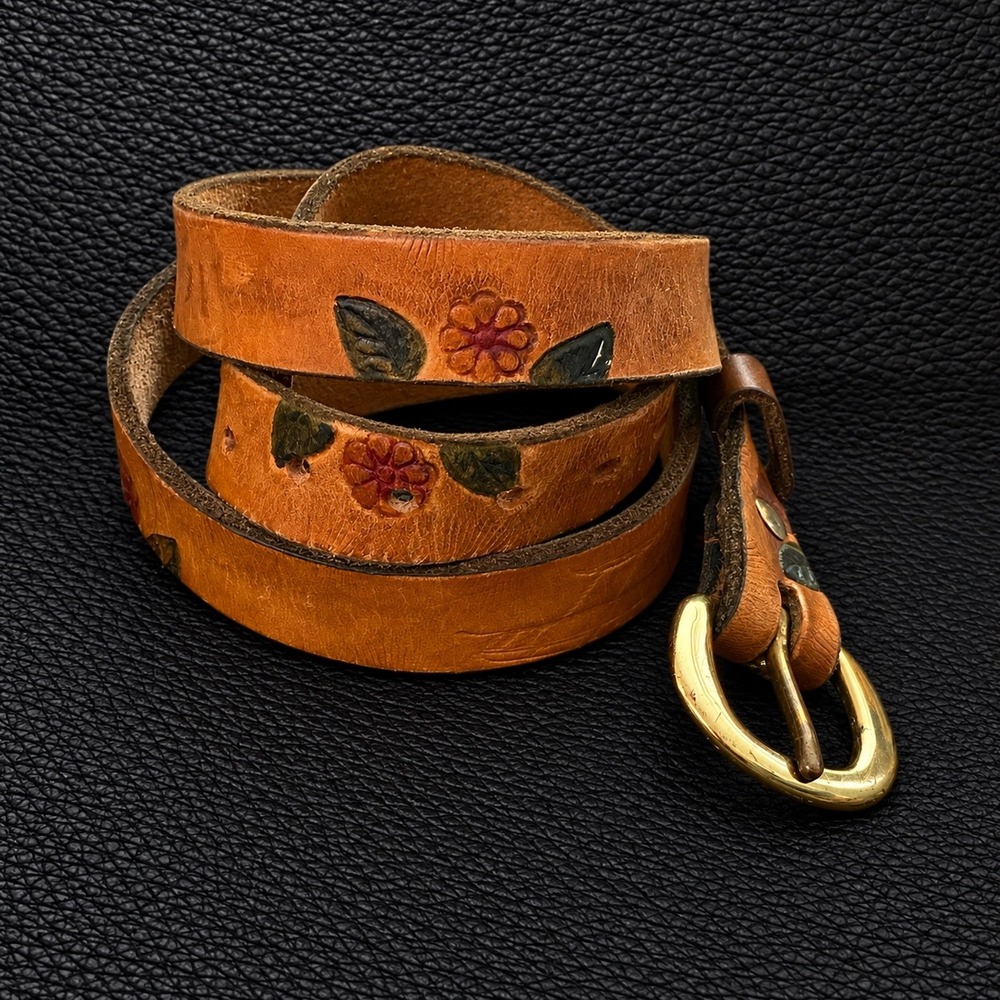 Vintage Hand Tooled Leather Belt Hawaii Flag Canoe Floral Tan Brass Buckle 34-39